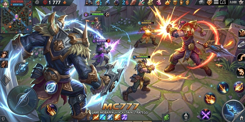 Screenshot gameplay MOBA MC777 dengan aksi pertarungan yang seru.